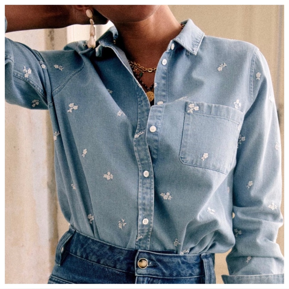 Sezane Light Blue Floral Embroidered Top